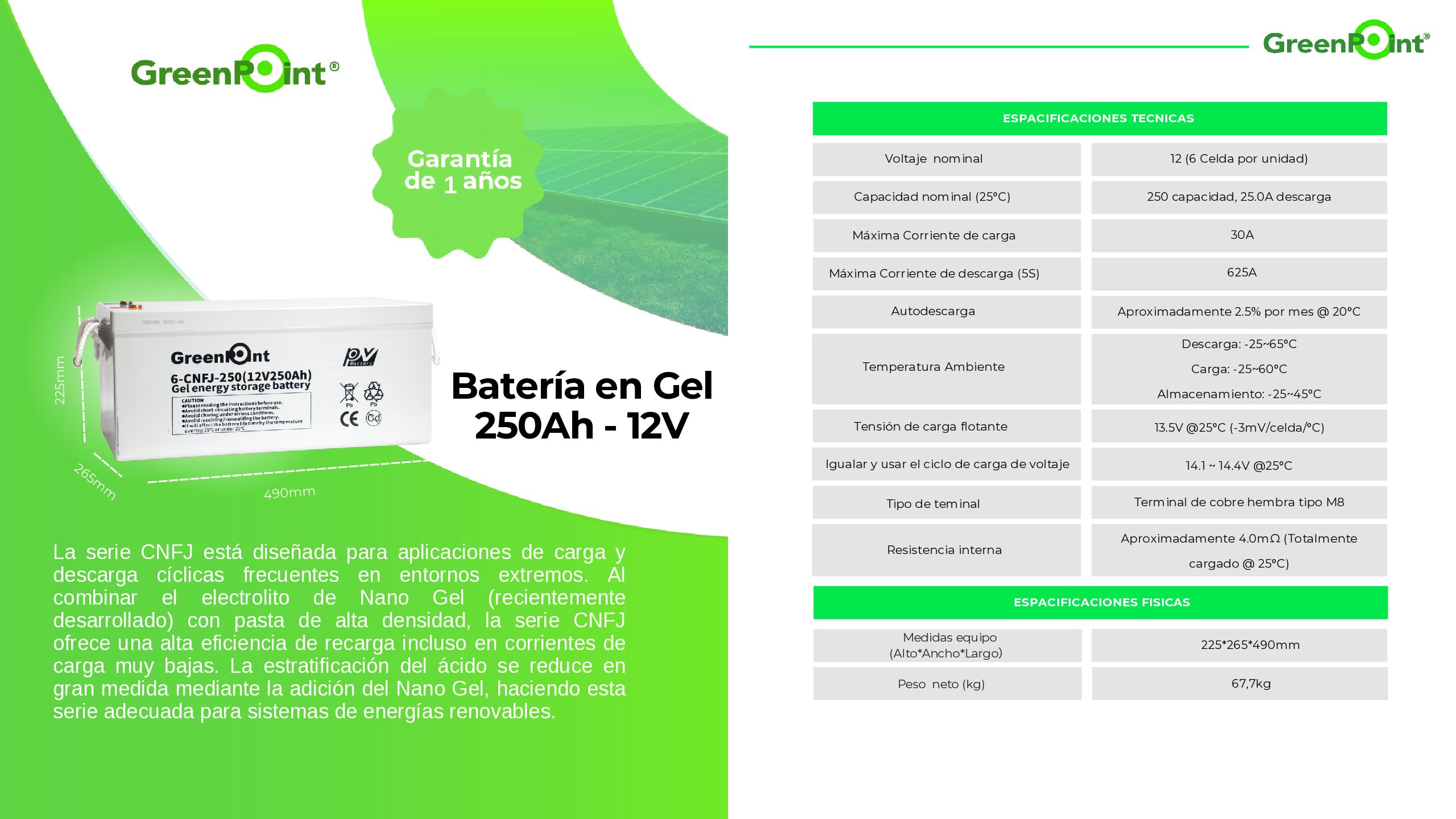 Batería de Gel Green Point 6-CNFJ